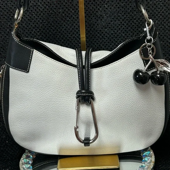 Cats (Made In Spain) Black and White Leather Bag w/Cherry Charm Approx. 13x9 x 2 - Picture 1 of 17